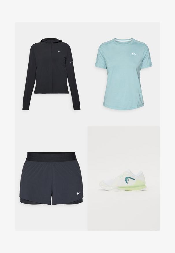 Černá kapucňová bunda s dlouhými rukávy, vyrobená z lehkého materiálu. Obsahuje přední zip, logo Nike a decentní designové akcenty.; Světle modré tričko s krátkým rukávem vyrobené z měkké látky, s kulatým výstřihem a malým bílým logem na hrudi. Viditelné švy.; Černé sportovní kraťasy s elastickým pasem, které mají vrstvený design a malé bílé logo Nike na dolním levém rohu. Lehce materiál.; Bílé sportovní tenisky s síťovaným svrškem a gumovou podrážkou, zvýrazněné zeleným podpatkem a světle modrými detaily, které mají elegantní design.