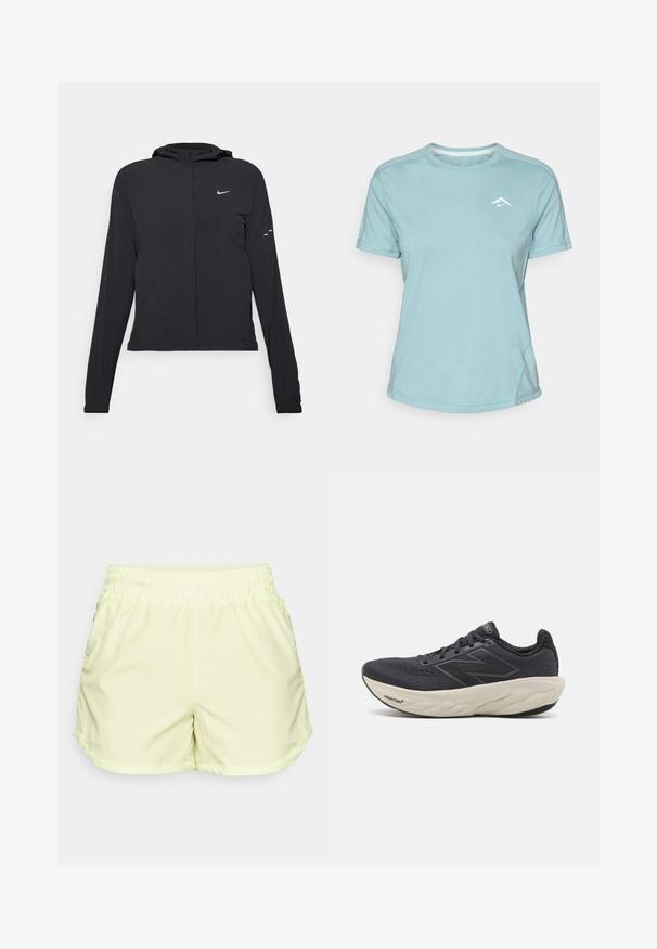 Chaqueta negra con capucha y mangas largas, hecha de un material ligero. Presenta un cierre frontal, un logo de Nike y acentos de diseño sutiles.; Camiseta de manga corta azul claro hecha de una tela suave, con un escote redondo y un pequeño logo blanco en el pecho. Costuras visibles.; Pantalones cortos ligeros de color amarillo claro, con una cinturilla elástica, que presentan un sutil acanalado y un pequeño logo en la parte inferior derecha.; Zapato deportivo negro con parte superior transpirable, tejido texturizado, acentos reflectantes y una entresuela blanca acolchada con el logotipo de la marca visible.