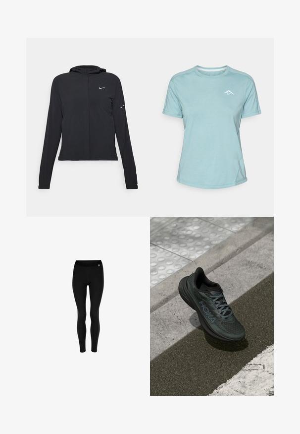 Mustassa hupparissa on pitkät hihat, ja se on valmistettu kevyestä materiaalista. Siinä on edessä vetoketju, Nike-logo ja hillityt muotoiluyksityiskohdat.; Vaaleansininen lyhythihainen t-paita, joka on valmistettu pehmeästä kankaasta. T-paidassa on pyöreä kaula-aukko ja pieni valkoinen logo rinnassa. Sauman yksityiskohdat näkyvät.; Mustat legginsit joustavasta kankaasta, joissa korkea vyötärö ja sileä pinta. Ei kuvioita; yksinkertainen ja vartalonmyötäinen muotoilu.; Musta juoksukenkä, jossa on verkkopäällinen, tekstuuriset yksityiskohdat ja logo. Kenkässä on pehmeä pohja ja harmaat nauhat, ja se on asetettu asfaltin päälle.