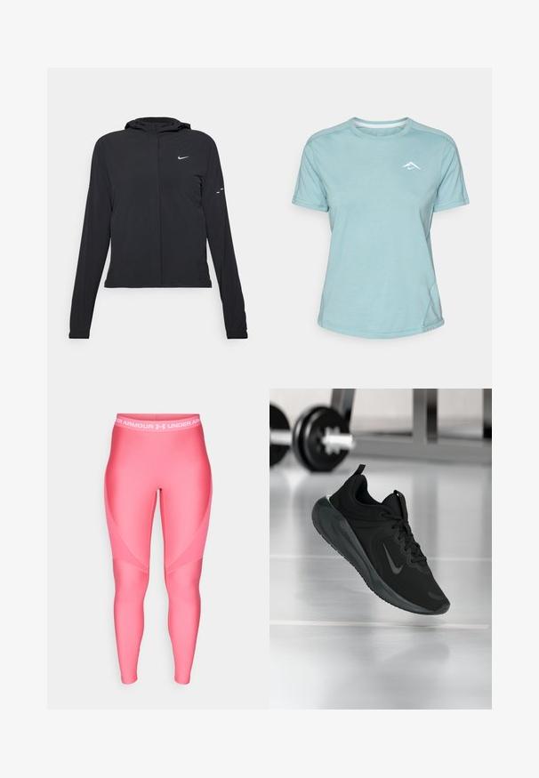 Crna jakna s kapuljačom i dugim rukavima, izrađena od laganog materijala. Ima prednji patentni zatvarač, Nike logo i suptilne dizajnerske detalje.; Svijetloplava majica kratkih rukava od mekanog materijala, s okruglim izrezom i malim bijelim logotipom na prsima. Prikazane su šavove.; Rose sportskih tajica glatke teksture, s bijelim elastičnim pojasom na kojem se nalazi logo "Under Armour" i kutni dizajnerski detalji.; Crna sportska tenisica s Nike logotipom, prikazana u zraku na podu teretane, s mutnom stalcem za bučice u pozadini.