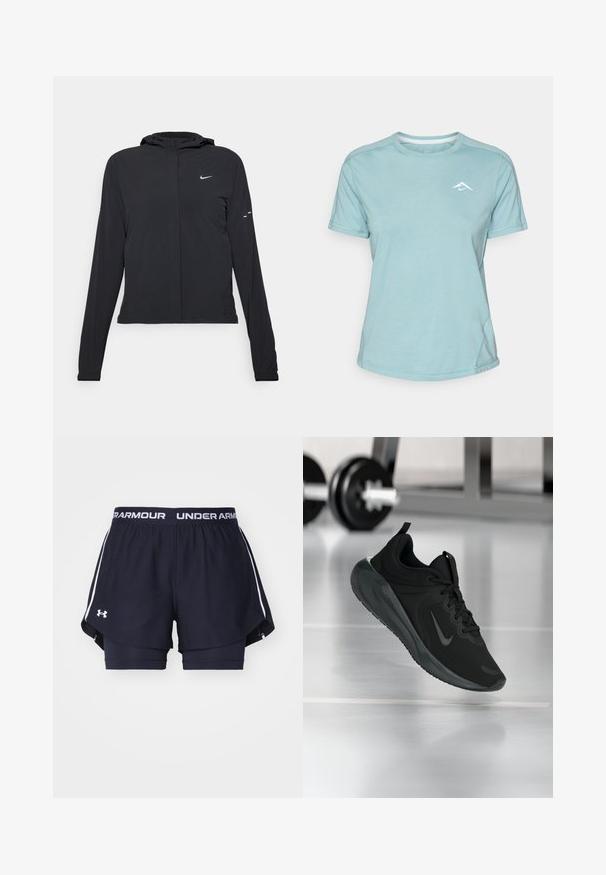 Czarna kurtka z kapturem, z długimi rękawami, wykonana z lekkiego materiału. Posiada zamek błyskawiczny z przodu, logo Nike oraz subtelne akcenty wzornicze.; Jasnoniebieska koszulka z krótkim rękawem, wykonana z miękkiego materiału, z okrągłym dekoltem i małym białym logo na piersi. Widoczne przeszycia.; Granatowe szorty sportowe z białym logo i pasem. Posiadają warstwowy design z dopasowanymi wewnętrznymi szortami oraz lekkim materiałem.; Czarny sportowy sneaker z logo Nike, pokazany w powietrzu na podłodze siłowni, z rozmytym regałem z hantlami w tle.