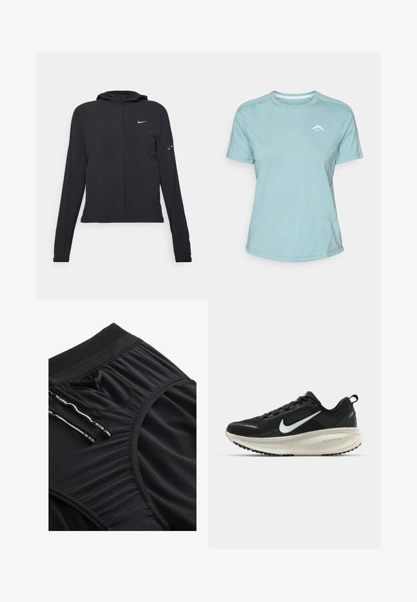 Must musta kapuutsiga jakk, millel on pikad varrukad ja mis on valmistatud kergetest materjalidest. Omab esitaskut, Nike logo ja kergelt silmatorkavaid disainiaktsente.; Hele sinine lühikeste varrukatega T-särk, mis on valmistatud pehmest kangast, ümara kaelusega ja väikese valge logoga rinnal. Õmblusdetailid on nähtavad.; Mustad mustad sportlühikesed, mis on valmistatud siledast kangast, sisaldavad tekstuuriga vöökohta, nöörkinnitust ja peeneid pleating-äärt.; Musthave mustus Nike jooksujalats, millel on hingav võrgust ülemine osa, valge swoosh logo, tekstuuriga detailid ja kreemja värvusega ZoomX vahevöö.
