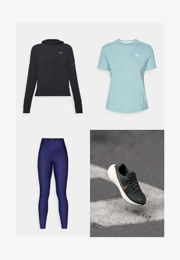 Čierna kapucňová bunda s dlhou rukávou, vyrobená z ľahkého materiálu. Má predný zips, logo Nike a jemné dizajnové akcenty.; Svetlomodré tričko s krátkym rukávom vyrobené z mäkkej látky, s okrúhlym výstrihom a malým bielym logom na hrudi. Viditeľné detaily švov.; Námorníckomodré legíny s vysokým pásom vyrobené z hladkého, elastického materiálu so švovaným dizajnom, ktorý poskytuje elegantný a priliehavý siluetu od pásu po členky.; Čierne bežecké topánky z jemnej sieťoviny s textúrovaným zvrškom, hnedým Nike swooshom a bielou vystlanou podrážkou, vo vzduchu nad šedým povrchom.