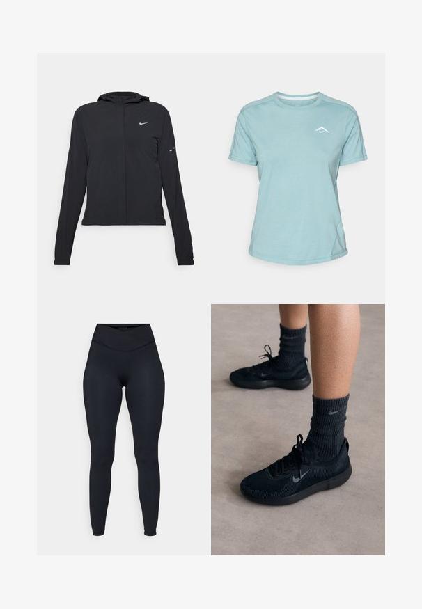 Black hooded jacket with long sleeves, made from lightweight material. Features a front zipper, a Nike logo, and subtle design accents.; Light blue short-sleeve t-shirt made of soft fabric, featuring a round neckline and a small white logo on the chest. Seam detailing visible.; Björn Borg STUDIO CROSS  - Leggings - black beauty; Black Nike sneakers with a textured knit upper, featuring a grey swoosh logo, paired with dark ribbed socks. Flat rubber sole.