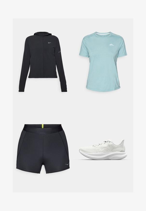 Mustassa hupparissa on pitkät hihat, ja se on valmistettu kevyestä materiaalista. Siinä on edessä vetoketju, Nike-logo ja hillityt muotoiluyksityiskohdat.; Vaaleansininen lyhythihainen t-paita, joka on valmistettu pehmeästä kankaasta. T-paidassa on pyöreä kaula-aukko ja pieni valkoinen logo rinnassa. Sauman yksityiskohdat näkyvät.; Mustat urheilushortsit, joissa on sileä pinta, leveä joustava vyötärö ja slim fit -malli. Takana on ohut keltainen raita.; Valkoiset urheilukengät, joissa on tekstuuripinta, nauhakiristys ja pehmustettu pohja, jonka muotoilu on aaltoileva. Huomaamaton brändäys sivulla.