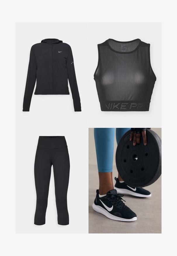 Fekete kapucnis dzseki hosszú ujjakkal, könnyű anyagból készült. Elülső cipzárral, Nike logóval és diszkrét dizájn elemekkel rendelkezik.; Fekete Nike Pro sportmelltartó hálós dizájnnal, kerek nyakkivágással és széles résszel, amelynek alján dombornyomott "NIKE PRO" felirat található.; Fekete, rövidített leggings elasztikus anyagból, magas derékkal és sima textúrával, látható minták vagy fémalkatrészek nélkül.; Fekete sportcipők hálós felsőrésszel, fehér díszítésekkel és vastag fehér talppal. Az előtérben egy fekete súlyzótárcsa látható.