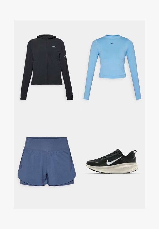 Melnā kapuci jaka ar garām piedurknēm, izgatavota no viegla materiāla. Tam ir priekšējais rāvējslēdzis, Nike logo un smalki dizaina akcenti.; Gaiši zils garo piedurkņu krekls ar īsu piegriezumu, izgatavots no gludas auduma, ar augstu kaklu un mazu tumši zilas krāsas logo uz krūtīm.; Under Armour VANISH - Šorti “divi vienā” - downpour gray; Melnas Nike skriešanas kurpes ar elpojošu acs augšdaļu, baltu Swoosh logotipu, strukturētu apdari un krēmkrāsas ZoomX starpsole.