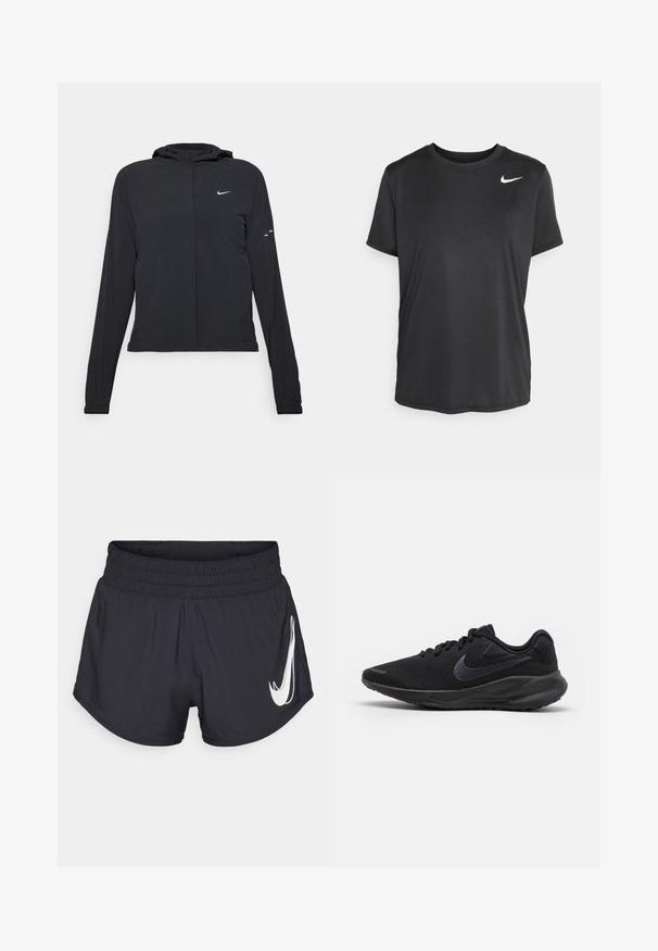 Schwarze Kapuzenjacke mit langen Ärmeln, aus leichtem Material gefertigt. Sie hat einen vorderen Reißverschluss, ein Nike-Logo und dezente Designelemente.; Schwarz kurzärmliges Athletik-T-Shirt aus glattem, leichtem Stoff, mit einem kleinen weißen Nike-Logo auf der linken oberen Seite.; Schwarze Sportshorts mit elastischem Bund, abgerundeten Säumen und einem auffälligen weißen Nike-Logo auf der linken Seite. Glattes, leichtes Material.; Schwarzer Laufschuh mit atmungsaktivem Mesh-Obermaterial, strukturierten Akzenten, flachen Schnürsenkeln und einer soliden Gummisohle mit einem leichten Absatz.