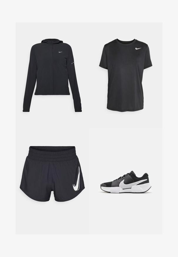Giacca nera con cappuccio e maniche lunghe, realizzata in materiale leggero. Presenta una zip frontale, il logo Nike e accenti di design sottili.; T-shirt atletico nero a maniche corte realizzato in un tessuto liscio e leggero, con un piccolo logo Nike bianco sulla parte superiore sinistra.; Shorts sportivi neri con un elastico in vita, orli curvi e un grande logo Nike bianco sul lato sinistro. Tessuto liscio e leggero.; Scarpe sportive in bianco e nero con una parte superiore testurizzata, un prominente swoosh Nike e un design della suola a contrasto per una migliore aderenza e stabilità.