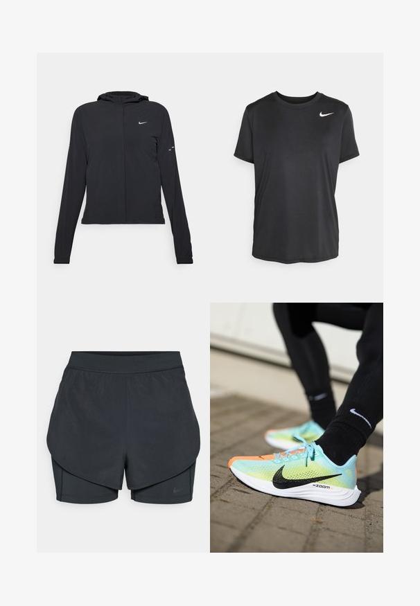 Jachetă neagră cu glugă, cu mâneci lungi, fabricată din material ușor. Dispune de un fermoar frontal, un logo Nike și accente de design subtile.; Tricou sport negru, cu mânecă scurtă, fabricat dintr-un material fin și ușor, având un mic logo alb Nike în partea stângă sus.; Șorturi sportive negre cu un design stratificat, având o strat exterior neted și șorturi interioare ajustate. Fabricate dintr-un material ușor și elastic.; Pantofii de alergare Nike ZoomX au un superior din plasă de culoare verde mentă cu accente negre, vârful portocalie și talpa albă cu textură antiderapantă.