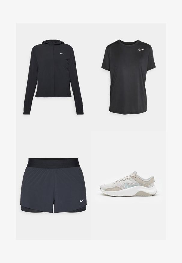 Chaqueta negra con capucha y mangas largas, hecha de un material ligero. Presenta un cierre frontal, un logo de Nike y acentos de diseño sutiles.; Camiseta atlética de manga corta negra, hecha de una tela ligera y suave, con un pequeño logo de Nike en blanco en la parte superior izquierda.; Shorts deportivos negros con cintura elástica, que presentan un diseño en capas y un pequeño logo blanco de Nike en la parte inferior izquierda. Material ligero.; Zapatilla deportiva de color gris claro con parte superior de malla, acentos de ante suave, suela de goma blanca y un logotipo reflectante sutil. Diseño aerodinámico.