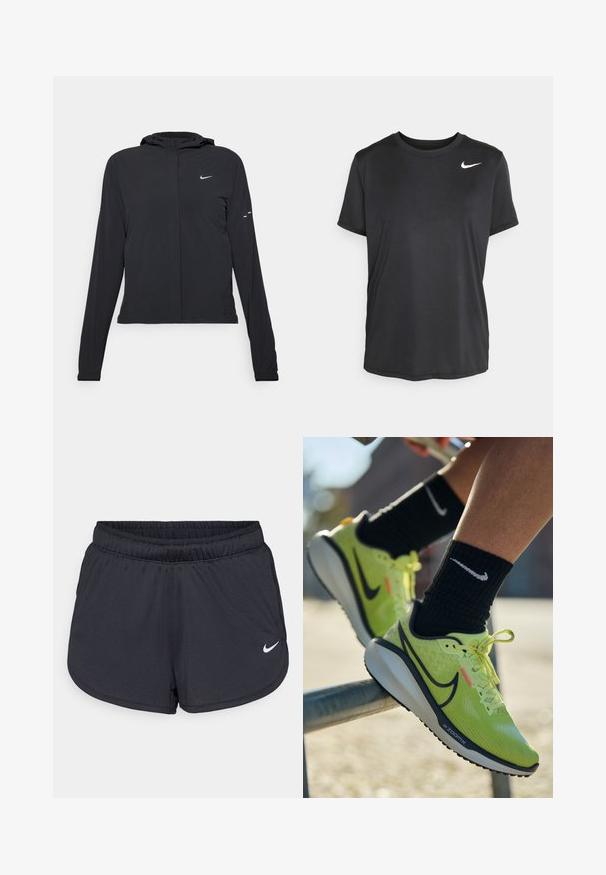 Juodas gobtuvas striukė su ilgomis rankovėmis, pagaminta iš lengvo audinio. Pasižymi priekiniais užtrauktukais, Nike logotipu ir subtiliais dizaino akcentais.; Juoda trumpa rankovėse sportinė marškinėliai, pagaminti iš sklandaus, lengvo audinio, su mažu baltu "Nike" logotipu viršutinėje kairėje pusėje.; Juodos sportinės šortai, pagaminti iš lengvos, kvėpuojančios medžiagos. Turi elastingą juosmenį ir baltą Nike logotipą apatinėje dešinėje pusėje.; Lime spalvos sportiniai batai su tekstūruotu paviršiumi, tamsiai mėlyni akcentai ir ryškus juodas swoosh logotipas. Padėti ant turėklų.