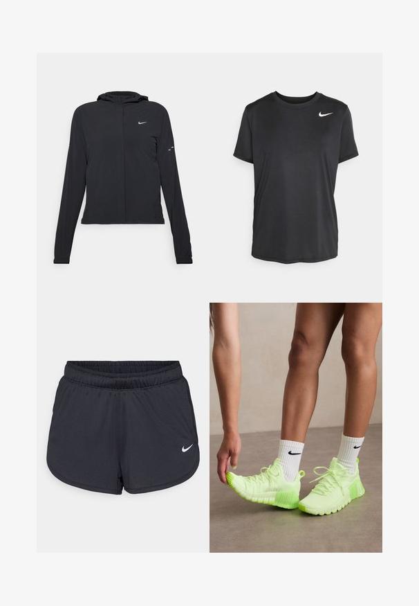 Zwarte kaptrui met lange mouwen, gemaakt van lichtgewicht materiaal. Voorzien van een ritssluiting aan de voorkant, een Nike-logo en subtiele ontwerpelementen.; Zwart sport t-shirt met korte mouwen, gemaakt van een gladde, lichte stof, met een klein wit Nike-logo op de bovenste linkerkant.; Zwarte sportieve shorts van lichtgewicht, ademend materiaal. Voorzien van een elastische tailleband en een wit Nike-logo aan de rechteronderzijde.; Neon groene sport schoenen met een tekstuurzool, vetersluiting en een wit Nike-logo aan de zijkant. Draag met witte sokken met zwarte accenten.