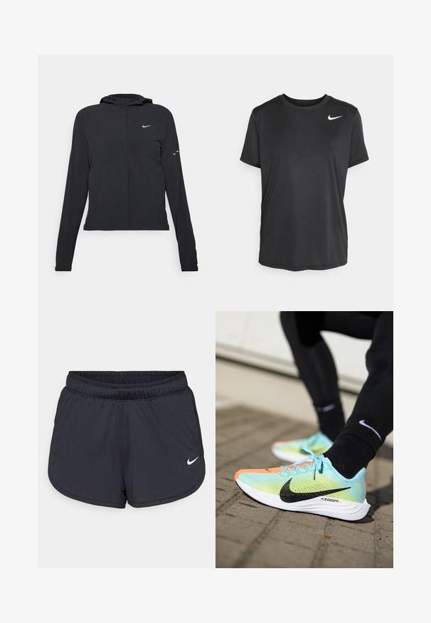Černá kapucňová bunda s dlouhými rukávy, vyrobená z lehkého materiálu. Obsahuje přední zip, logo Nike a decentní designové akcenty.; Černé sportovní tričko s krátkým rukávem vyrobené z hladkého, lehkého materiálu, s malým bílým logem Nike v horním levém rohu.; Černé sportovní šortky vyrobené z lehké, prodyšné látky. Obsahují elastický pás a bílé logo Nike na dolní pravé straně.; Běžecké boty Nike ZoomX mají síťovanou svrchní část v mátově zelené barvě s černými akcenty, oranžovou špičku a bílé podešev s texturovaným gripem.
