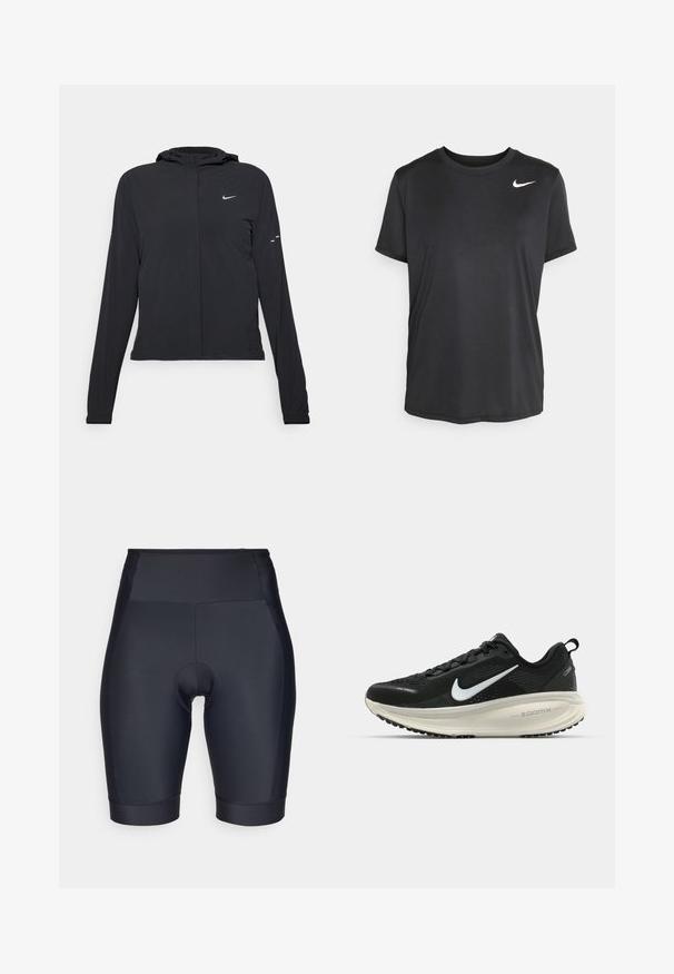 Mustassa hupparissa on pitkät hihat, ja se on valmistettu kevyestä materiaalista. Siinä on edessä vetoketju, Nike-logo ja hillityt muotoiluyksityiskohdat.; Lyhythihainen musta urheilupaita, joka on valmistettu sileästä ja kevyestä kankaasta. Paidan vasemmassa yläkulmassa on pieni valkoinen Nike-logo.; Mustat pyöräilyshortsit, jotka on valmistettu sileästä, joustavasta kankaasta. Korkea vyötärön malli, jossa on pehmustettu sisus ja sauman yksityiskohdat.; Mustat Nike-juoksukengät, joissa on hengittävä verkko-osa, valkoinen swoosh-logo, teksturoitu yksityiskohtaus ja kermaisen värinen ZoomX-välipohja.