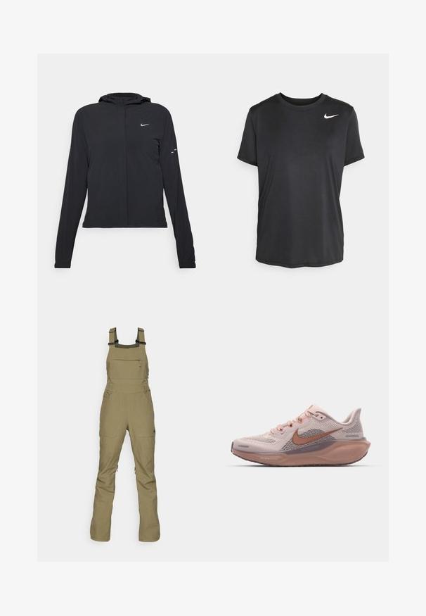 Schwarze Kapuzenjacke mit langen Ärmeln, aus leichtem Material gefertigt. Sie hat einen vorderen Reißverschluss, ein Nike-Logo und dezente Designelemente.; Schwarz kurzärmliges Athletik-T-Shirt aus glattem, leichtem Stoff, mit einem kleinen weißen Nike-Logo auf der linken oberen Seite.; Olivenfarbene Latzhose aus strapazierfähigem Material, mit verstellbaren Trägern, einer vorderen Reißverschlusstasche und zwei Seitentaschen. Moderne, funktionale Gestaltung.; Himmelblaues Sportgerät mit Mesh-Obermaterial, braunen Akzenten und strukturiertem Sohlenprofil. Verfügt über Schnürsenkel und gepolsterten Absatz für zusätzlichen Komfort.