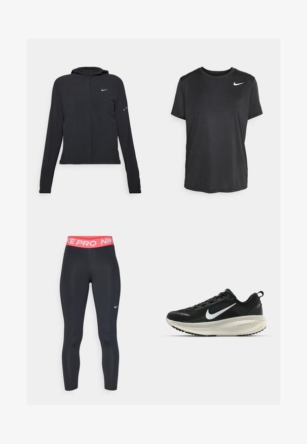 Jachetă neagră cu glugă, cu mâneci lungi, fabricată din material ușor. Dispune de un fermoar frontal, un logo Nike și accente de design subtile.; Tricou sport negru, cu mânecă scurtă, fabricat dintr-un material fin și ușor, având un mic logo alb Nike în partea stângă sus.; Nike Performance CROP - Leggings - black/aster pink/white; Pantofii de alergare negri de la Nike, cu parte superioară din plasă respirabilă, logo-ul alb Swoosh, detalii texturate și o talpă intermediară ZoomX de culoare crem.