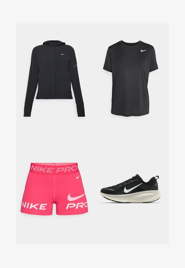 Juodas gobtuvas striukė su ilgomis rankovėmis, pagaminta iš lengvo audinio. Pasižymi priekiniais užtrauktukais, Nike logotipu ir subtiliais dizaino akcentais.; Juoda trumpa rankovėse sportinė marškinėliai, pagaminti iš sklandaus, lengvo audinio, su mažu baltu "Nike" logotipu viršutinėje kairėje pusėje.; Rožinės sportinės šortai su plačiu logotipu ant juosmens. Priekyje su ryškiu baltu "NIKE" ir "PRO" užrašu, pagaminti iš sklandžios, tamprios medžiagos.; Juodas Nike sportinis batelis su kvėpuojančiu tinklu, baltu swoosh logotipu, tekstūruoto dizaino detalėmis ir grietinėlės spalvos ZoomX viduriu.