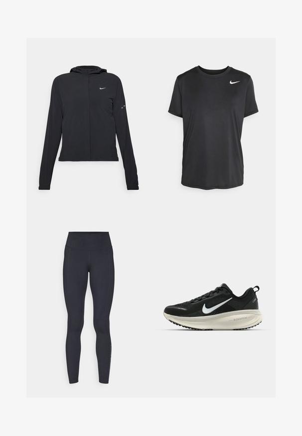 Giacca nera con cappuccio e maniche lunghe, realizzata in materiale leggero. Presenta una zip frontale, il logo Nike e accenti di design sottili.; T-shirt atletico nero a maniche corte realizzato in un tessuto liscio e leggero, con un piccolo logo Nike bianco sulla parte superiore sinistra.; Leggings neri a vita alta realizzati in un tessuto elastico e liscio. Presentano cuciture laterali e un logo sottile sulla parte inferiore della gamba.; Scarpa da corsa nera Nike con tomaia in rete traspirante, logo Swoosh bianco, dettagli testurizzati e intersuola ZoomX di colore crema.