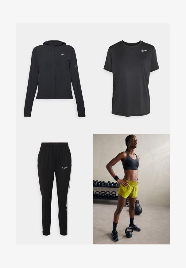 Mustassa hupparissa on pitkät hihat, ja se on valmistettu kevyestä materiaalista. Siinä on edessä vetoketju, Nike-logo ja hillityt muotoiluyksityiskohdat.; Lyhythihainen musta urheilupaita, joka on valmistettu sileästä ja kevyestä kankaasta. Paidan vasemmassa yläkulmassa on pieni valkoinen Nike-logo.; Mustat urheiluhousut, joissa on joustava vyötärö, valkoisella Nike-logolla ja valkoisilla sivuraidoilla. Valmistettu sileästä, venyvästä kankaasta.; Musta urheiluliivi, kirkkaat keltaiset shortsit, joissa on joustava vyötärö, mustat urheilu-kengät ja rannetuet, seisomassa kettlebellien vieressä.