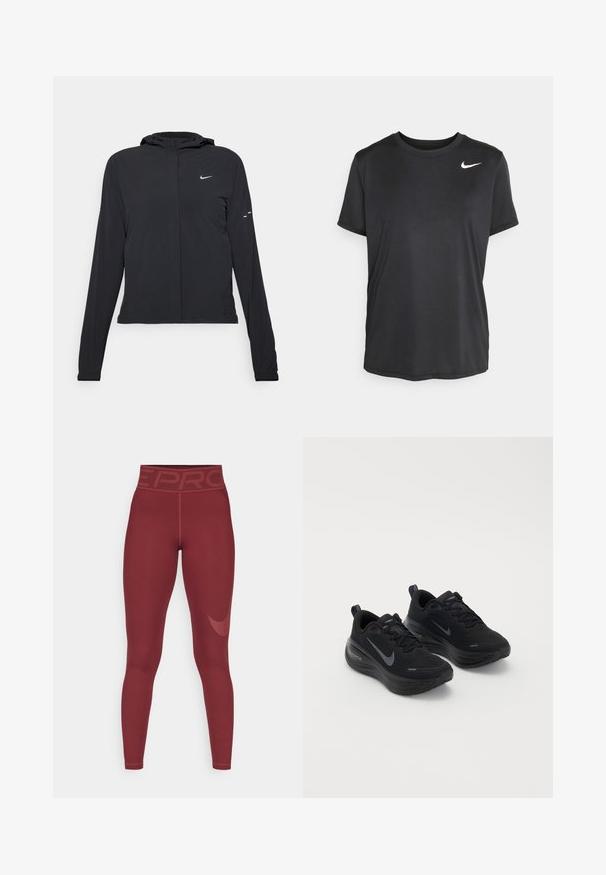 Črna kapuča s dolgimi rokavi, izdelana iz lahkega materiala. Ima sprednji zadrgo, logotip Nike in subtilne oblikovne detajle.; Črna kratka športna majica s kratkimi rokavi, izdelana iz gladkega in lahkotnega materiala, s majhnim belim logotipom Nike na zgornji levi strani.; Bordo leggingi z visokim pasom, ki vsebujejo blagovno znamko "PRO". Narejeni so iz raztegljivega materiala, imajo gladko teksturo in diskreten logotip ob strani.; Črne športne čevlje z teksturirano zgornjico, zasnovo na vezalke in debelim, blaženim podplatom. Na vsaki strani se nahaja sivi Nike logo.