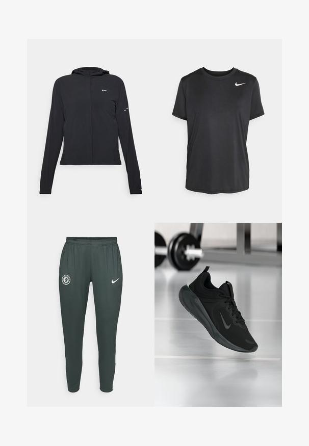 Melnā kapuci jaka ar garām piedurknēm, izgatavota no viegla materiāla. Tam ir priekšējais rāvējslēdzis, Nike logo un smalki dizaina akcenti.; Melnas īsajām piedurknēm sporta T-krekls, kas izgatavots no gludas, vieglas auduma, ar nelielu baltu Nike logo augšējā kreisajā malā.; Tumši pelēki sporta bikses ar elastīgu jostu, ar Čelsi futbola kluba logo pa kreisi un baltu Nike swoosh pa labi.; Melnas sporta kedas ar Nike logo, rādot gaisā uz sporta zāles grīdas, ar izplūdušu hantelēm fona.