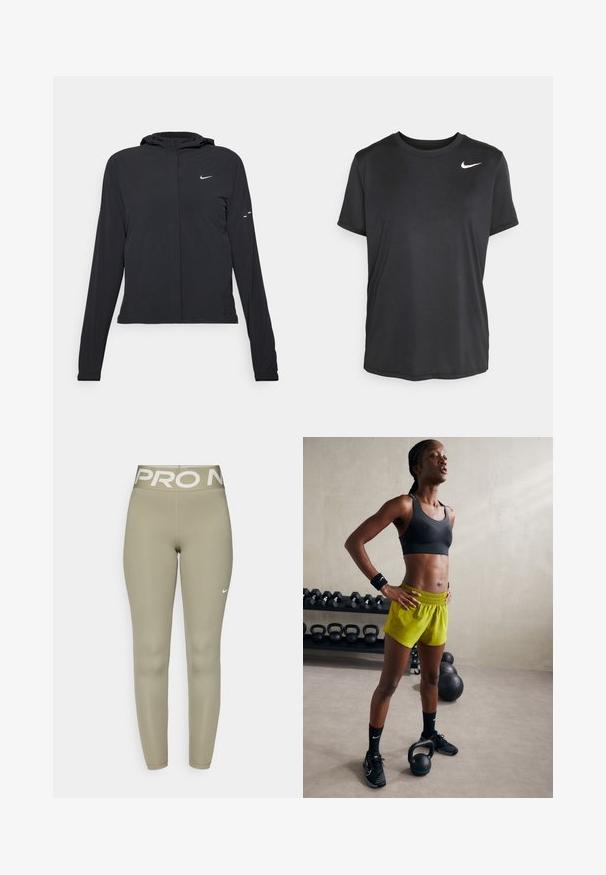Jachetă neagră cu glugă, cu mâneci lungi, fabricată din material ușor. Dispune de un fermoar frontal, un logo Nike și accente de design subtile.; Tricou sport negru, cu mânecă scurtă, fabricat dintr-un material fin și ușor, având un mic logo alb Nike în partea stângă sus.; Leggings atletice de culoare verde măslinie cu un talie largă albă, pe care este inscripționat textul "PRO" și un mic logo Nike alb în partea stângă jos.; Sutien sport negru, pantaloni scurți galbeni strălucitori cu talie elastică, pantofi sport negri și brățări pe încheietură, stând lângă kettlebells.