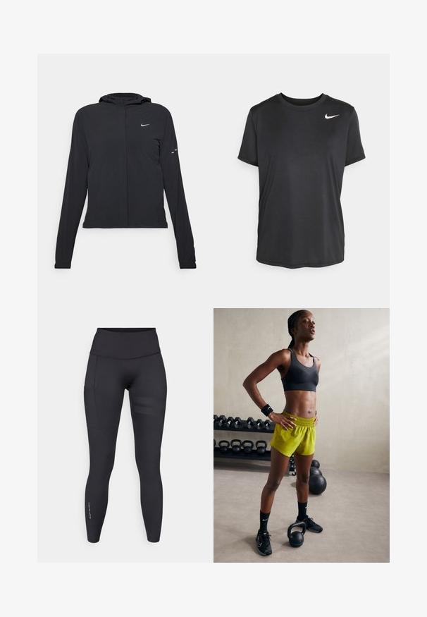 Mustassa hupparissa on pitkät hihat, ja se on valmistettu kevyestä materiaalista. Siinä on edessä vetoketju, Nike-logo ja hillityt muotoiluyksityiskohdat.; Lyhythihainen musta urheilupaita, joka on valmistettu sileästä ja kevyestä kankaasta. Paidan vasemmassa yläkulmassa on pieni valkoinen Nike-logo.; Musta treenihousut joustavasta materiaalista, joissa on korkea vyötärö, sivutasku ja teksturoitu vaakasuora raitapainatus yhdellä jalalla.; Musta urheiluliivi, kirkkaat keltaiset shortsit, joissa on joustava vyötärö, mustat urheilu-kengät ja rannetuet, seisomassa kettlebellien vieressä.