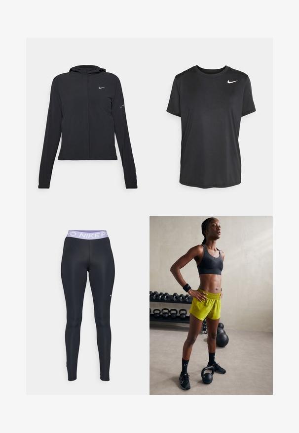 Zwarte kaptrui met lange mouwen, gemaakt van lichtgewicht materiaal. Voorzien van een ritssluiting aan de voorkant, een Nike-logo en subtiele ontwerpelementen.; Zwart sport t-shirt met korte mouwen, gemaakt van een gladde, lichte stof, met een klein wit Nike-logo op de bovenste linkerkant.; Zwarte sportleggings met een aansluitend ontwerp, voorzien van een lichtpaarse Nike Pro tailleband en een klein wit logo op de onderkant van het linkerpijp.; Zwarte sportbeha, felgele shorts met een elastische tailleband, zwarte sportschoenen en polsbanden, staande naast kettlebells.
