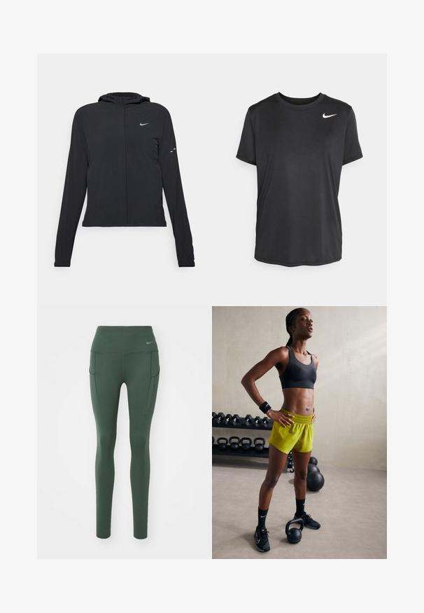 Svart huva jacka med långa ärmar, gjord av lätt material. Har en framdragare, en Nike-logotyp och subtila designelement.; Svart kortärmad träningst-shirt gjord av ett glatt, lätt tyg, med en liten vit Nike-logotyp på övre vänstra sidan.; Gröna träningsleggings med hög midja, två sidofickor och en subtil logotyp på midjan, tillverkade av ett mjukt, stretchigt tyg.; Svart sportbh, ljusgula shorts med resårmidja, svarta träningsskor och handledsband, stående bredvid kettlebells.