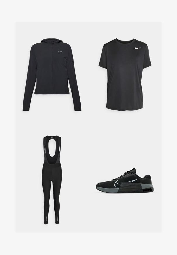 Sort hættetrøje med lange ærmer, lavet af letvægtsmateriale. Har en frontlynlås, et Nike-logo og subtile designaccenter.; Sort kortærmet sports t-shirt lavet af glat, let stof, med et lille hvidt Nike-logo på den øverste venstre side.; Rapha WOMENS CORE CARGO WINTER WITH PAD - Tights - black; Sort atletisk sko med mesh-overdel, grå accenter og struktureret mellemsål. Har et fremtrædende logo og snørebåndsdesign. Gummisål for godt greb.
