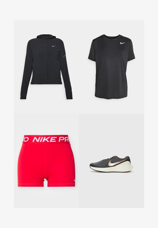 Svart huva jacka med långa ärmar, gjord av lätt material. Har en framdragare, en Nike-logotyp och subtila designelement.; Svart kortärmad träningst-shirt gjord av ett glatt, lätt tyg, med en liten vit Nike-logotyp på övre vänstra sidan.; Röda sportshorts med ett vitt "NIKE PRO"-logoband. Tyget är slätt och elastiskt, designat för komfort och rörlighet.; Svart atletisk sko med en текстurerad mesh-ovandel, en metalisk roséguldswoosh och en vit dämpad sula. Gummiyttersula med greppmönster.