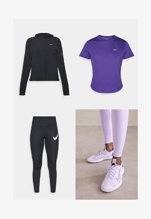 Black hooded jacket with long sleeves, made from lightweight material. Features a front zipper, a Nike logo, and subtle design accents.; Purple athletic t-shirt made from moisture-wicking fabric, featuring short sleeves and a crew neck. Small white logo on the chest.; Black high-waisted athletic leggings with a white Nike swoosh logo on the upper left thigh against a white background.; Nike Performance FREE RN FK NATURE - Road running shoes - lilac bloom/black/barely grape/vivid purple