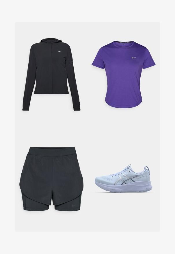 Fekete kapucnis dzseki hosszú ujjakkal, könnyű anyagból készült. Elülső cipzárral, Nike logóval és diszkrét dizájn elemekkel rendelkezik.; Ibolya színű sportpóló, nedvességelvezető anyagból készült, rövid ujjal és kerek nyakkivágással. A mellkasán egy kis fehér logó található.; Fekete sportnadrág réteges kialakítással, sima külső résszel és illeszkedő belső nadrággal. Könnyű, rugalmas anyagból készült.; Világoskék futócipő, hálós felsőrésszel, fényvisszaverő ezüst díszítéssel, párnázott talppal és texturált gumitalppal a tapadás érdekében.