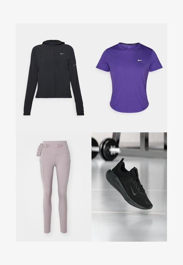 Čierna kapucňová bunda s dlhou rukávou, vyrobená z ľahkého materiálu. Má predný zips, logo Nike a jemné dizajnové akcenty.; Fialové športové tričko vyrobené z materiálu, ktorý odvádza vlhkosť, s krátkymi rukávmi a okrúhlym výstrihom. Malé bílé logo na hrudi.; Nike Performance TRAIL GO - Bežecké legíny - light violet ore/taupe grey; Čierne športové tenisky s logom Nike, zobrazené vo vzduchu na podlahe telocvične, s rozmazaným regálom činkami v pozadí.