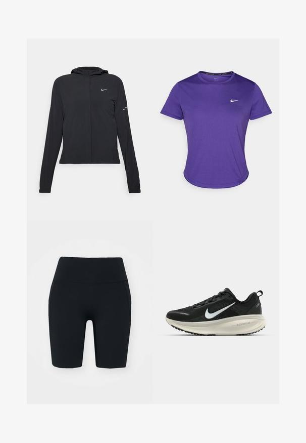 Must musta kapuutsiga jakk, millel on pikad varrukad ja mis on valmistatud kergetest materjalidest. Omab esitaskut, Nike logo ja kergelt silmatorkavaid disainiaktsente.; Lilla sportline t-särk, mis on valmistatud niiskust imavast kangast, lühikeste varrukatega ja ümarate kraega. Rinnal väike valge logo.; Mustad kõrge vöökohaga jalgrattashortsid, mis on valmistatud venivast kangast sujuva tekstuuriga, küljetaskutega ja keha lähedalt istuva disainiga.; Musthave mustus Nike jooksujalats, millel on hingav võrgust ülemine osa, valge swoosh logo, tekstuuriga detailid ja kreemja värvusega ZoomX vahevöö.