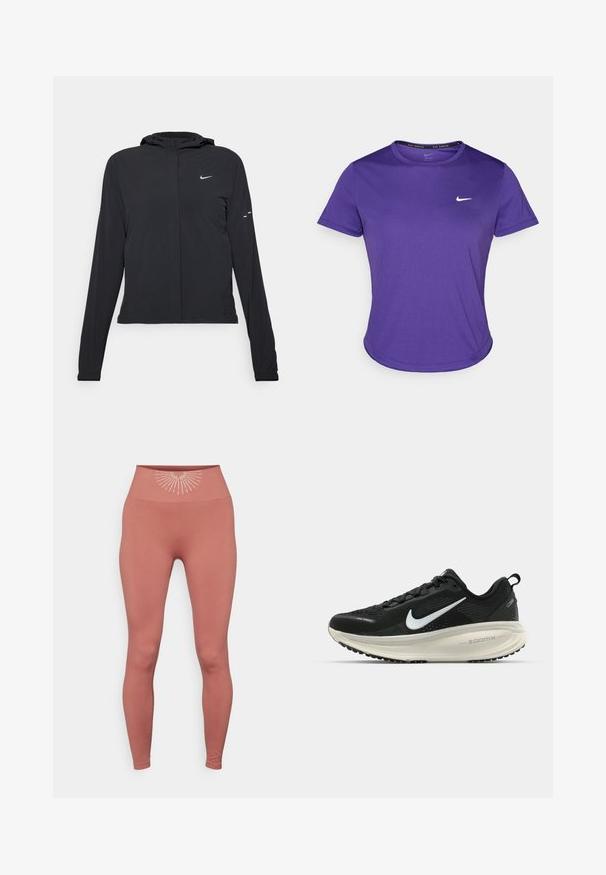 Mustassa hupparissa on pitkät hihat, ja se on valmistettu kevyestä materiaalista. Siinä on edessä vetoketju, Nike-logo ja hillityt muotoiluyksityiskohdat.; Violetti urheilupaita, joka on valmistettu kosteutta siirtävästä kankaasta. Paidassa on lyhyet hihat ja pyöreä kaula-aukko. Rinnan kohdalla pieni valkoinen logo.; Yogasearcher KEISHO - Trikoot - cedar; Mustat Nike-juoksukengät, joissa on hengittävä verkko-osa, valkoinen swoosh-logo, teksturoitu yksityiskohtaus ja kermaisen värinen ZoomX-välipohja.