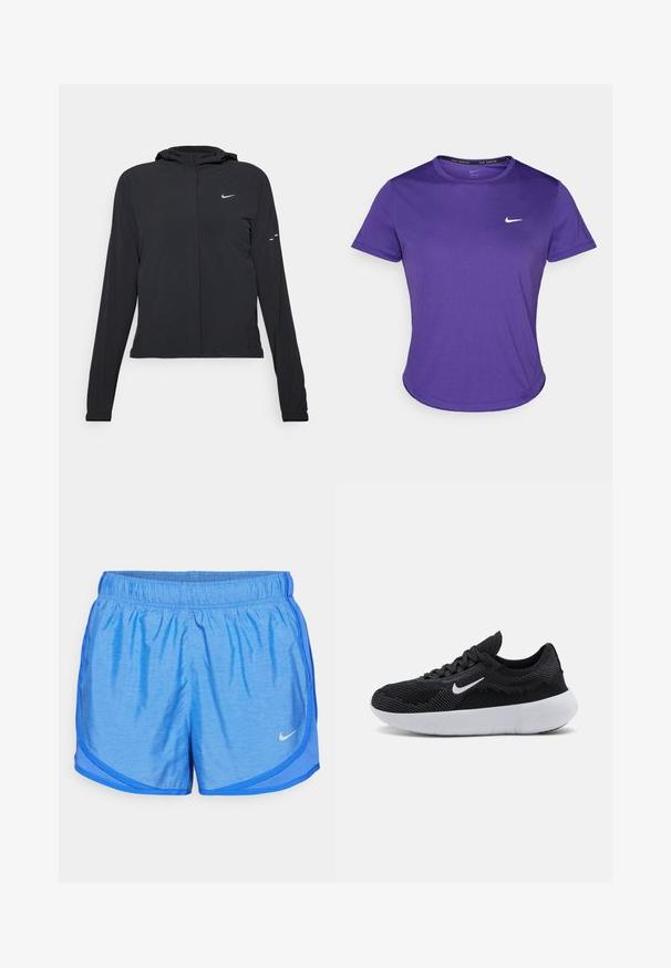 Black hooded jacket with long sleeves, made from lightweight material. Features a front zipper, a Nike logo, and subtle design accents.; Purple athletic t-shirt made from moisture-wicking fabric, featuring short sleeves and a crew neck. Small white logo on the chest.; Blue athletic shorts with an elastic waistband, lightweight fabric, curved hem, and contrasting side panel detail. Nike logo on lower left.; Black athletic shoe with a mesh upper, textured design, round toe, white rubber sole, and a Nike logo on the side.