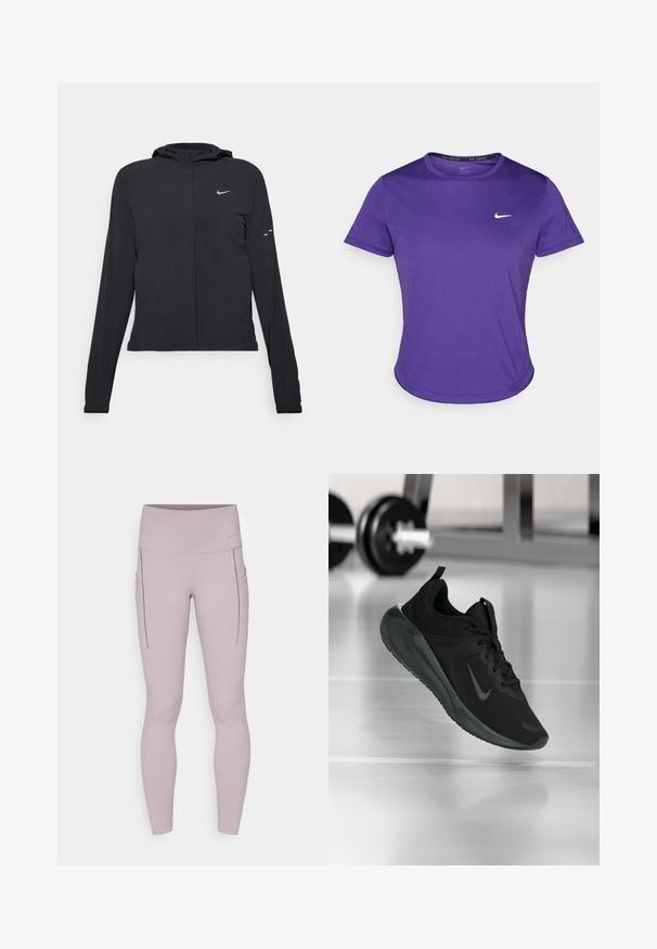 Čierna kapucňová bunda s dlhou rukávou, vyrobená z ľahkého materiálu. Má predný zips, logo Nike a jemné dizajnové akcenty.; Fialové športové tričko vyrobené z materiálu, ktorý odvádza vlhkosť, s krátkymi rukávmi a okrúhlym výstrihom. Malé bílé logo na hrudi.; Legíny v svetlom mauve, vyrobené z elastickej tkaniny, s vysokým pásom a bočnými vreckami s vyšívaním.; Čierne športové tenisky s logom Nike, zobrazené vo vzduchu na podlahe telocvične, s rozmazaným regálom činkami v pozadí.
