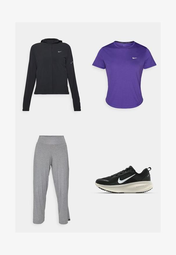 Črna kapuča s dolgimi rokavi, izdelana iz lahkega materiala. Ima sprednji zadrgo, logotip Nike in subtilne oblikovne detajle.; Vijolična atletska majica iz materiala, ki odvaja vlago, z kratkimi rokavi in okroglim izrezom. Majhen bel logotip na prsih.; Yogasearcher RAVANA FLOWY PANTS - Spodnji deli trenirk - grey; Črne Nike tekaške čevlje z zračno mrežno zgornjim delom, belim logotipom Swoosh, teksturiranimi detajli in smetanasto barvnim srednjim delom ZoomX.