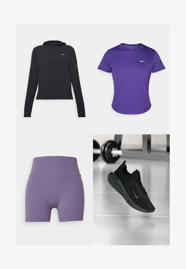 Casaco preto com capuz e mangas longas, feito de material leve. Apresenta um fecho dourado na frente, um logótipo da Nike e detalhes de design subtis.; T-shirt atlético roxo feito de tecido que absorve a humidade, com mangas curtas e decote redondo. Pequeno logotipo branco no peito.; Nike Performance ONE SHORT - Leggings - daybreak/black; Sapatilha desportiva preta com o logotipo da Nike, mostrada em pleno ar sobre o chão do ginásio, com um suporte de halteres desfocado ao fundo.