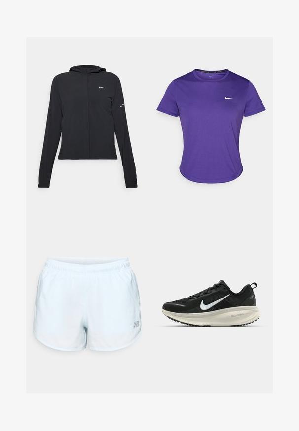 Svart hettegenser med lange ermer, laget av lett materiale. Har glidelås foran, Nike-logo og subtile design detaljer.; Lilla treningstrøye laget av fukttransporterende stoff, med kortermet og crew neck. Liten hvit logo på brystet.; Lyseblå treningsshorts med elastisk midje, buet kant, sølvlogo detalj nederst til høyre, laget av lett materiale.; Svart Nike løpesko med pustende mesh-overdel, hvit swoosh-logo, teksturert detaljer og en kremfarget ZoomX mellomsåle.