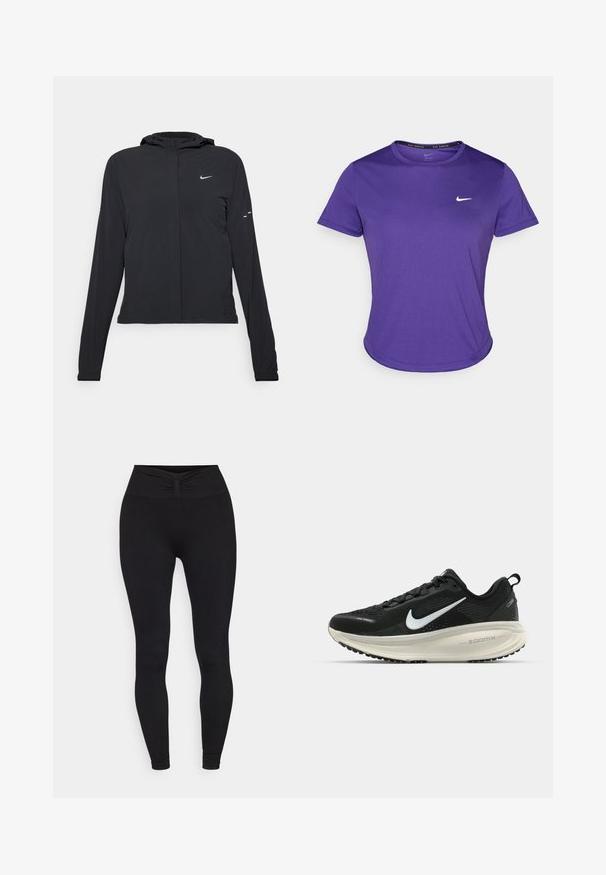 Casaco preto com capuz e mangas longas, feito de material leve. Apresenta um fecho dourado na frente, um logótipo da Nike e detalhes de design subtis.; T-shirt atlético roxo feito de tecido que absorve a humidade, com mangas curtas e decote redondo. Pequeno logotipo branco no peito.; Yogasearcher NALA - Leggings - black; Sapatilha de corrida Nike preta com parte superior de malha respirável, logotipo Swoosh branco, detalhes texturizados e uma entressola ZoomX na cor creme.