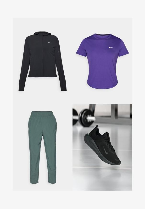 Black hooded jacket with long sleeves, made from lightweight material. Features a front zipper, a Nike logo, and subtle design accents.; Purple athletic t-shirt made from moisture-wicking fabric, featuring short sleeves and a crew neck. Small white logo on the chest.; Men's Nike pants in a muted green color, made of lightweight fabric with an elastic waistband and tapered legs. Features minimalist design and logo.; Black sports sneaker with Nike logo, shown mid-air on gym floor, with blurred dumbbell rack in background.