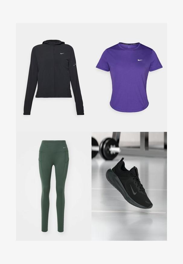 Casaco preto com capuz e mangas longas, feito de material leve. Apresenta um fecho dourado na frente, um logótipo da Nike e detalhes de design subtis.; T-shirt atlético roxo feito de tecido que absorve a humidade, com mangas curtas e decote redondo. Pequeno logotipo branco no peito.; Leggings desportivos verdes com uma cintura alta, dois bolsos laterais e um logótipo discreto na cintura, feitos de um tecido liso e elástico.; Sapatilha desportiva preta com o logotipo da Nike, mostrada em pleno ar sobre o chão do ginásio, com um suporte de halteres desfocado ao fundo.