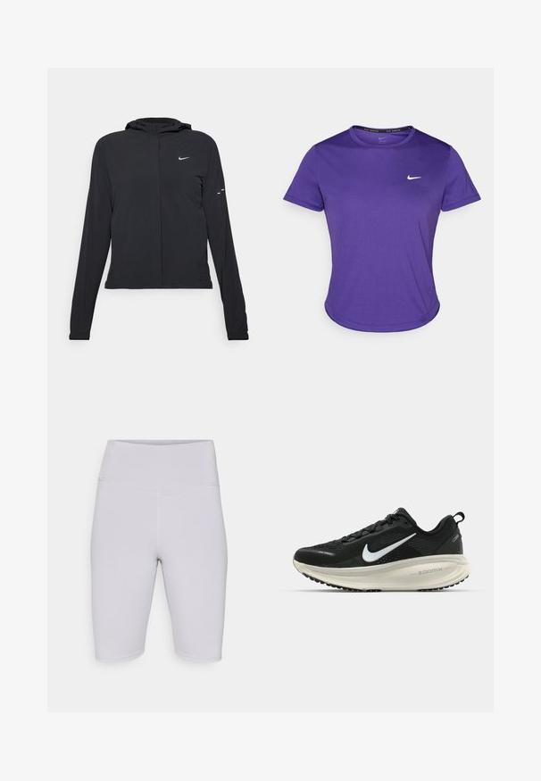 Juodas gobtuvas striukė su ilgomis rankovėmis, pagaminta iš lengvo audinio. Pasižymi priekiniais užtrauktukais, Nike logotipu ir subtiliais dizaino akcentais.; Violet sportinė marškinėliai pagaminti iš drėgmę sugeriančios medžiagos, su trumpomis rankovėmis ir apvaliu kaklu. Mažas baltas logotipas ant krūtinės.; Šviesiai pilkos dviračių šortai, pagaminti iš elastinės medžiagos, su aukštu juosmeniu ir lygiu paviršiumi be matomų raštų ar akcentų.; Juodas Nike sportinis batelis su kvėpuojančiu tinklu, baltu swoosh logotipu, tekstūruoto dizaino detalėmis ir grietinėlės spalvos ZoomX viduriu.