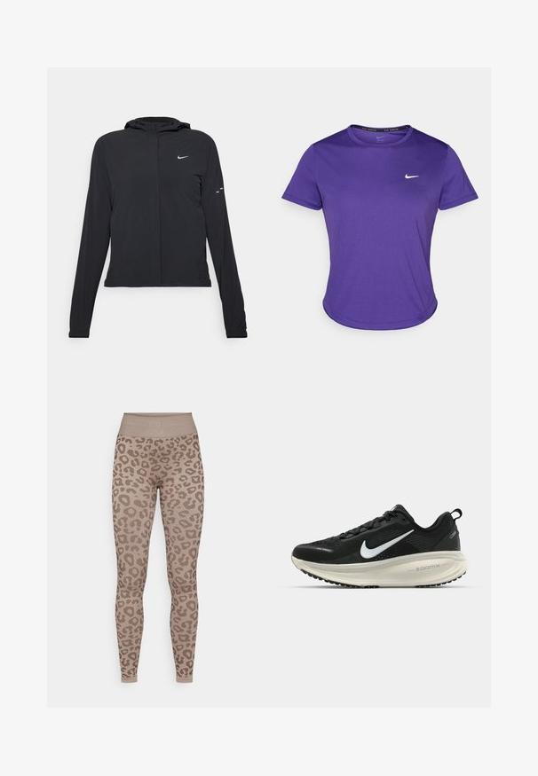 Melnā kapuci jaka ar garām piedurknēm, izgatavota no viegla materiāla. Tam ir priekšējais rāvējslēdzis, Nike logo un smalki dizaina akcenti.; Violets sporta krekls, izgatavots no mitruma uzsūcoša auduma, ar īsām piedurknēm un apaļu kakla izgriezumu. Mazs balts logos uz krūtīm.; Yogasearcher BIDAIA SEAMLESS LEGGING - Legingi - cacao; Melnas Nike skriešanas kurpes ar elpojošu acs augšdaļu, baltu Swoosh logotipu, strukturētu apdari un krēmkrāsas ZoomX starpsole.