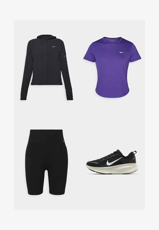 Casaco preto com capuz e mangas longas, feito de material leve. Apresenta um fecho dourado na frente, um logótipo da Nike e detalhes de design subtis.; T-shirt atlético roxo feito de tecido que absorve a humidade, com mangas curtas e decote redondo. Pequeno logotipo branco no peito.; Calções de malha canelada pretos com um cós elástico, apresentando um formato ajustado e uma textura suave. Sem logótipos ou padrões visíveis.; Sapatilha de corrida Nike preta com parte superior de malha respirável, logotipo Swoosh branco, detalhes texturizados e uma entressola ZoomX na cor creme.