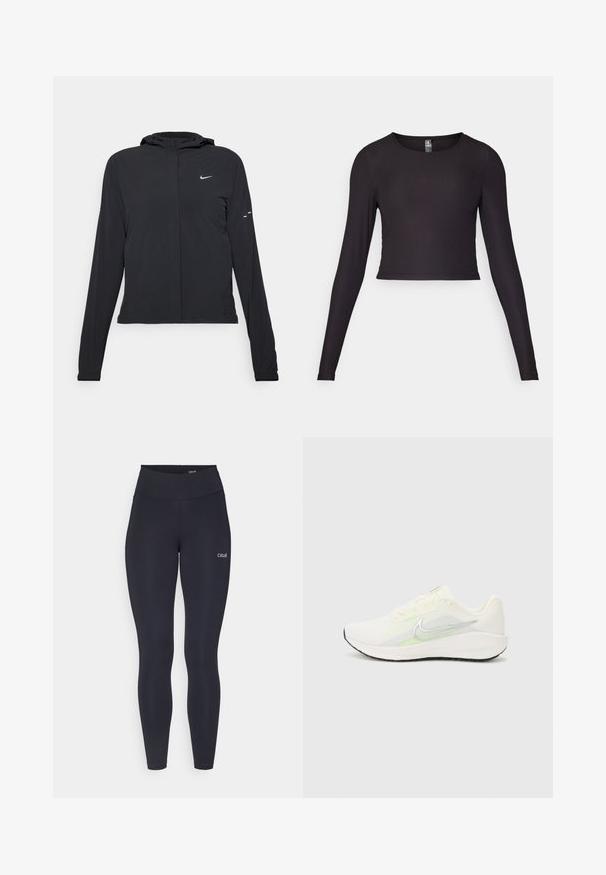 Svart huva jacka med långa ärmar, gjord av lätt material. Har en framdragare, en Nike-logotyp och subtila designelement.; Svart långärmad cropped topp i ribbat tyg. Har rund halsringning och figurnära silhuett med texturerad yta.; Svarta leggings med hög midja, tillverkade av stretchigt material, med en liten vit logotyp på låret och en slät textur.; Nike Performance DOWNSHIFTER 13 - Väglöparskor - sail/silver-coloured photon dust/summit white/barely volt/black