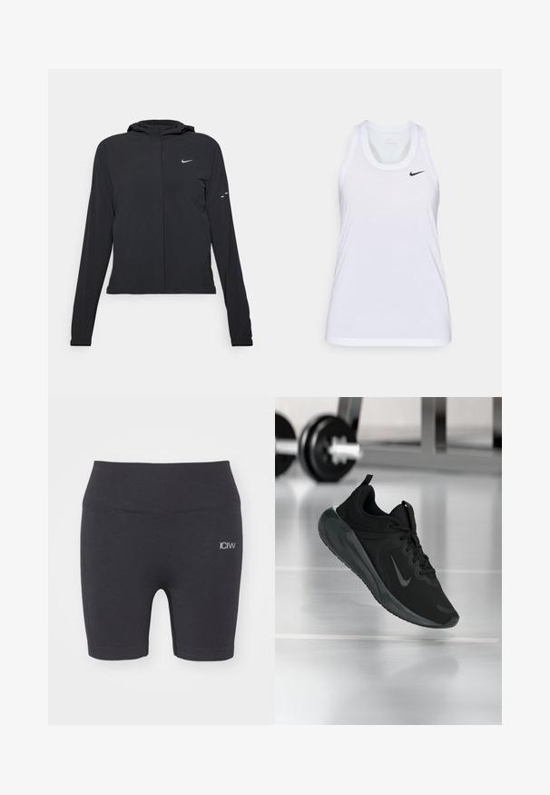 Giacca nera con cappuccio e maniche lunghe, realizzata in materiale leggero. Presenta una zip frontale, il logo Nike e accenti di design sottili.; Canotta atletica bianca senza maniche realizzata in un tessuto leggero. Presenta un collo arrotondato e un piccolo logo Nike nero sul petto.; ICANIWILL SOFT - Leggings - black; Sneaker sportivo nero con logo Nike, mostrato in volo su un pavimento da palestra, con un supporto per pesi sfocato sullo sfondo.